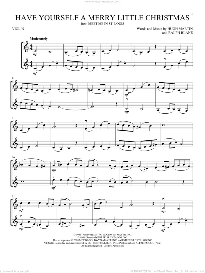 Have Yourself A Merry Little Christmas sheet music for two violins (duets, violin duets) by Hugh Martin and Ralph Blane, intermediate skill level