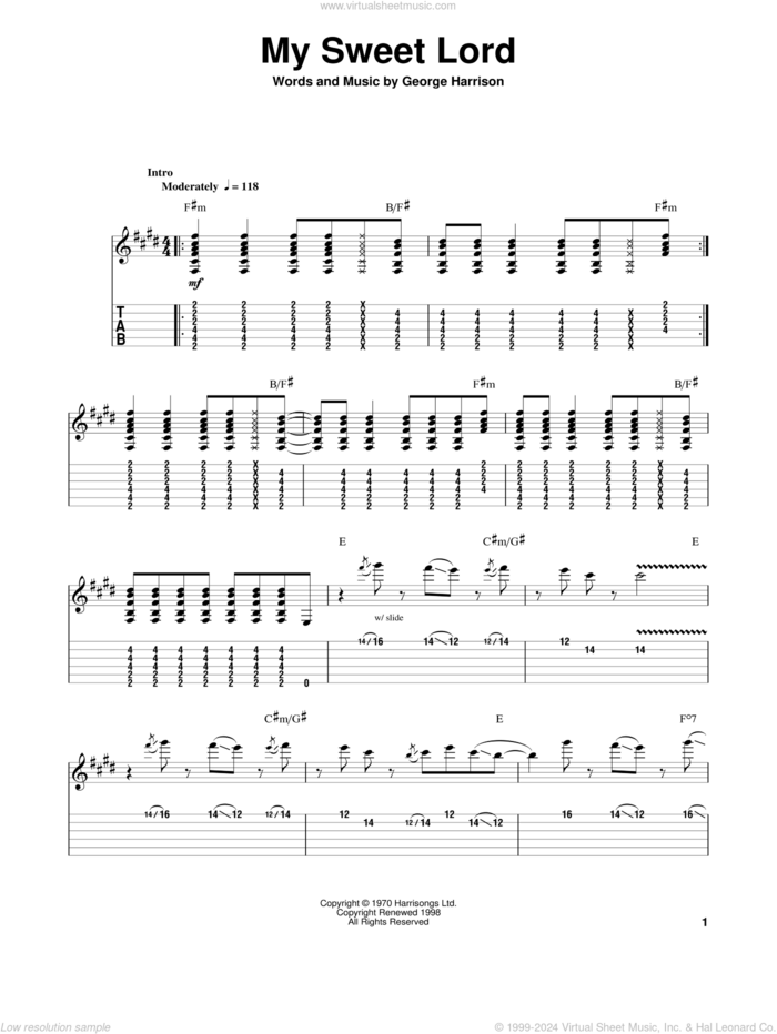 My Sweet Lord sheet music for guitar (tablature, play-along) by George Harrison, intermediate skill level