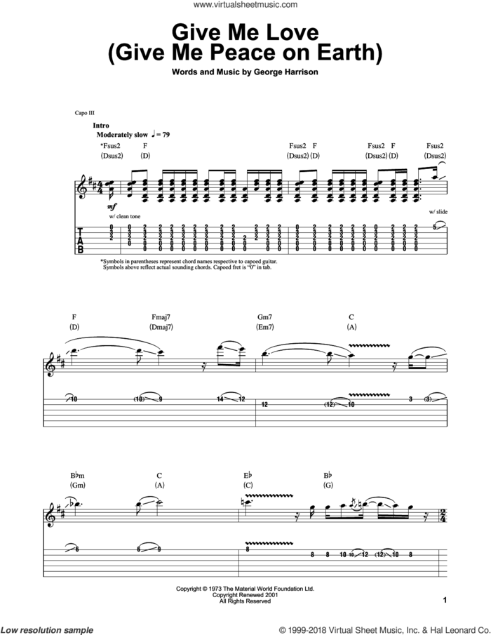 Give Me Love (Give Me Peace On Earth) sheet music for guitar (tablature, play-along) by George Harrison, intermediate skill level