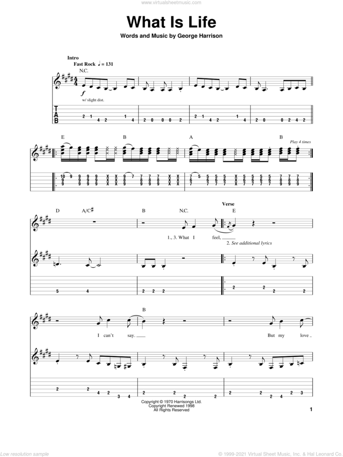 What Is Life sheet music for guitar (tablature, play-along) by George Harrison, intermediate skill level