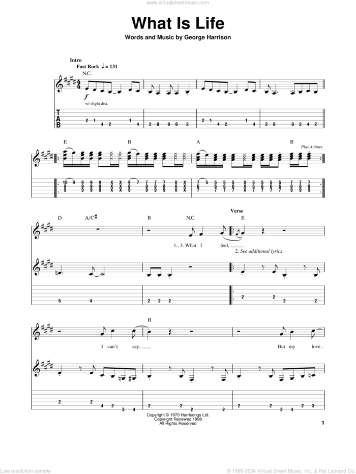 What Is Life sheet music for guitar (tablature, play-along) by George Harrison, intermediate skill level