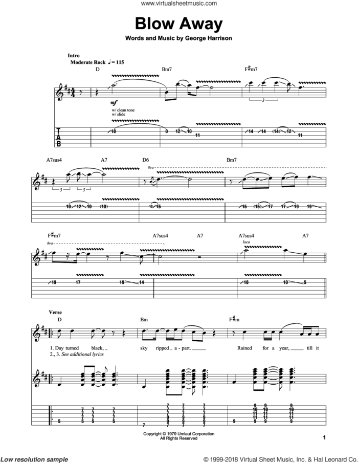 Blow Away sheet music for guitar (tablature, play-along) by George Harrison, intermediate skill level