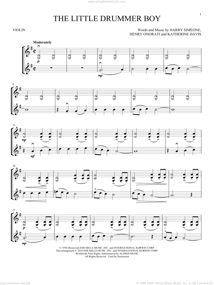 The Little Drummer Boy sheet music for two violins (duets, violin duets) by Katherine Davis, Harry Simeone and Henry Onorati, intermediate skill level