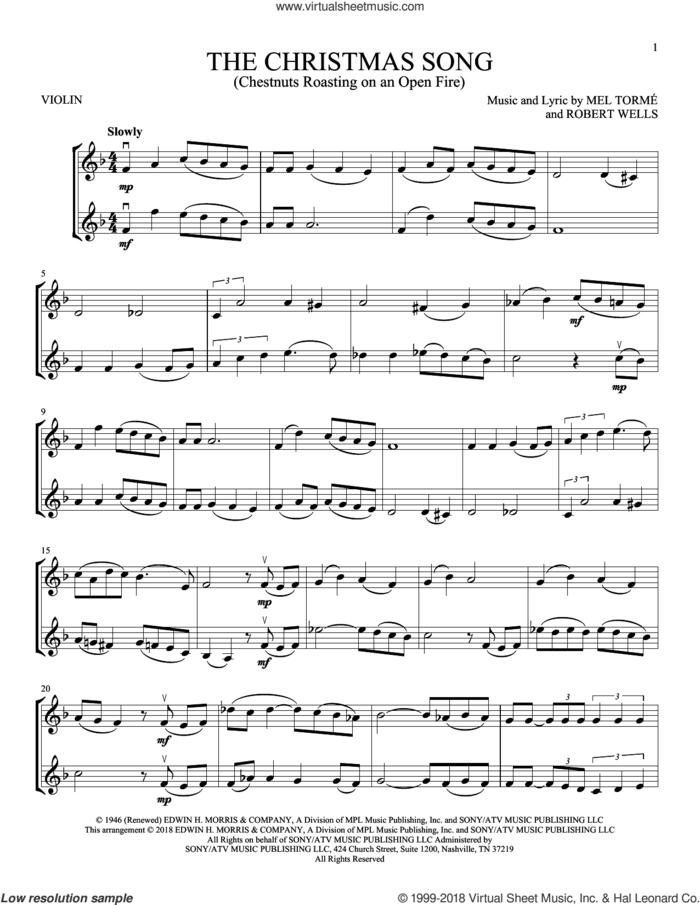 The Christmas Song (Chestnuts Roasting On An Open Fire) sheet music for two violins (duets, violin duets) by Mel Torme and Mel Torme, intermediate skill level