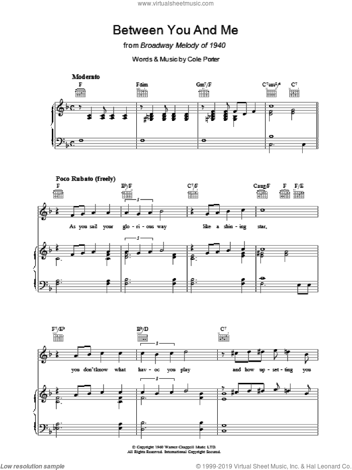 Between You And Me sheet music for voice, piano or guitar by Cole Porter, intermediate skill level