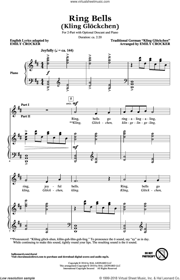 Ring Bells (Kling Glockchen) sheet music for choir (2-Part) by Emily Crocker and German Traditional, intermediate duet
