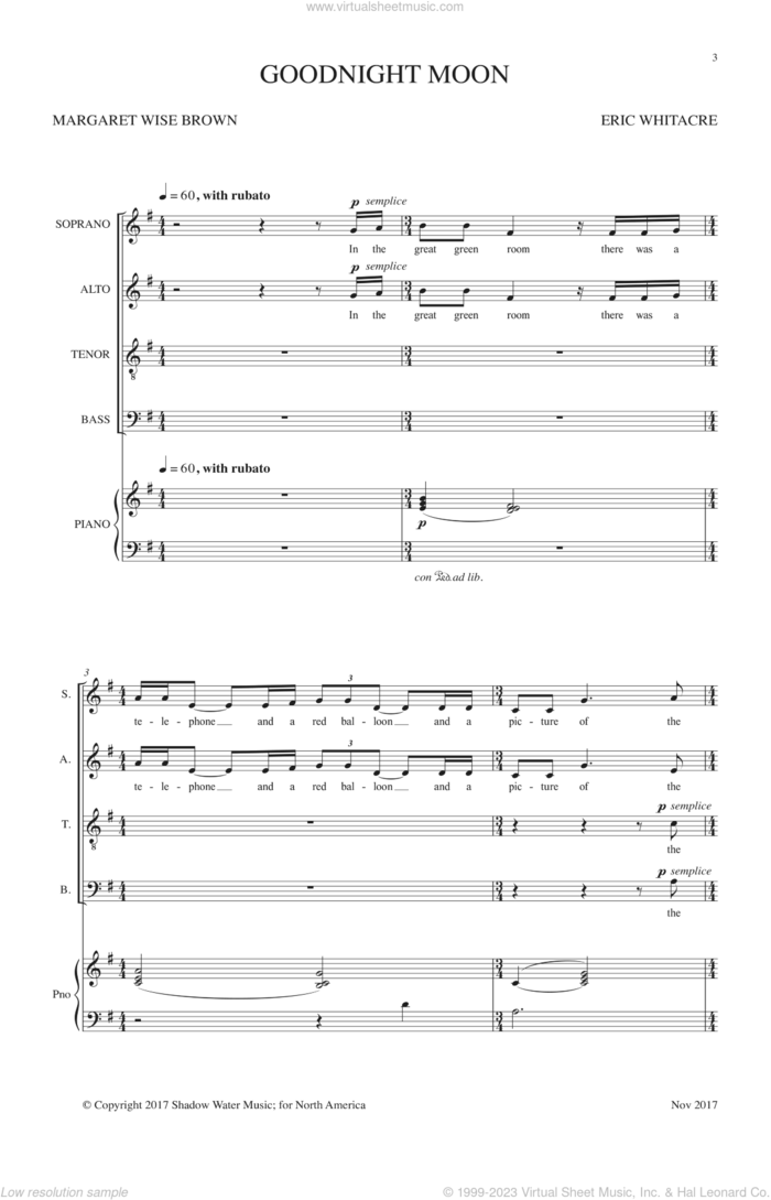 Goodnight Moon sheet music for choir (SATB: soprano, alto, tenor, bass) by Eric Whitacre, intermediate skill level