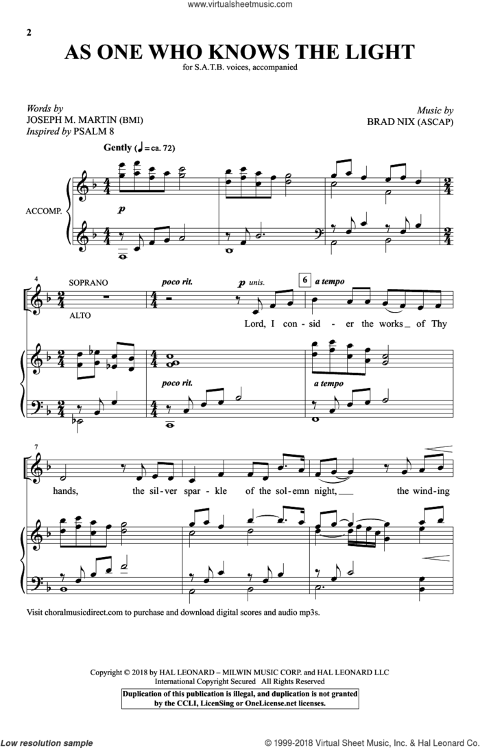 As One Who Knows The Light sheet music for choir (SATB: soprano, alto, tenor, bass) by Joseph M. Martin and Brad Nix, intermediate skill level