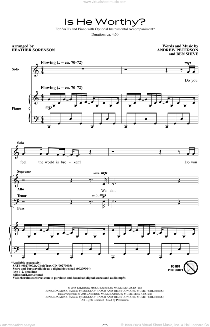 Is He Worthy? (arr. Heather Sorenson) sheet music for choir (SATB: soprano, alto, tenor, bass) by Andrew Peterson, Heather Sorenson, Andrew Peterson and Ben Shive, Chris Tomlin and Ben Shive, intermediate skill level