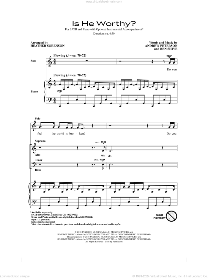 Is He Worthy? (arr. Heather Sorenson) sheet music for choir (SATB: soprano, alto, tenor, bass) by Andrew Peterson, Heather Sorenson, Andrew Peterson and Ben Shive, Chris Tomlin and Ben Shive, intermediate skill level