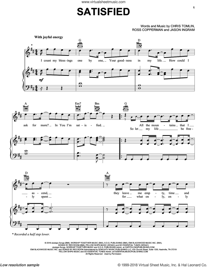 Satisfied sheet music for voice, piano or guitar by Chris Tomlin, Jason Ingram and Ross Copperman, intermediate skill level