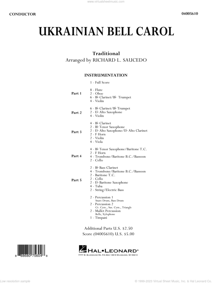 Ukrainian Bell Carol sheet music for concert band (full score) by Richard L. Saucedo, intermediate skill level