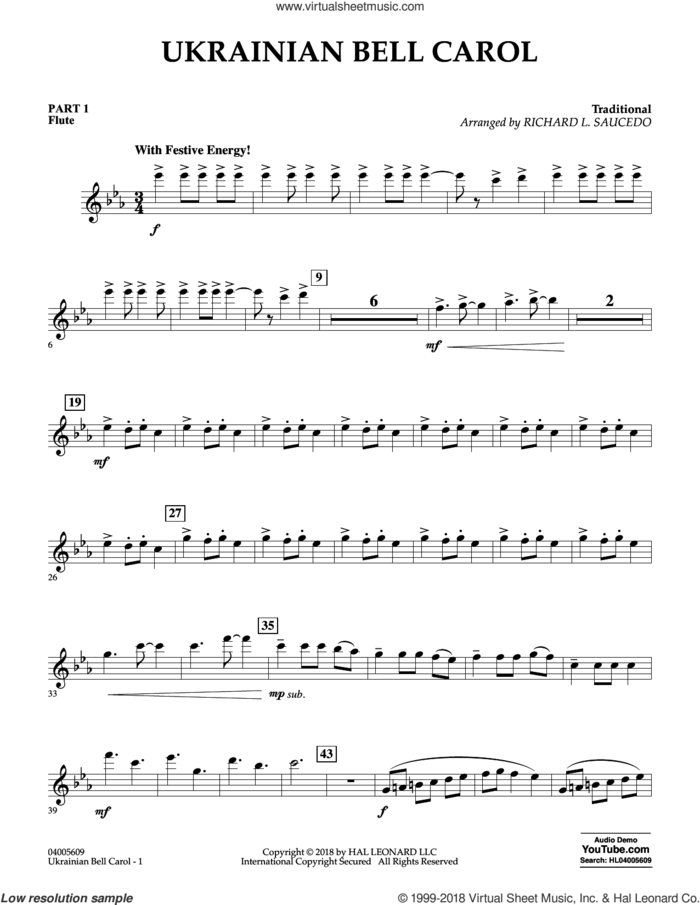 Ukrainian Bell Carol sheet music for concert band (pt.1 - flute) by Richard L. Saucedo, intermediate skill level
