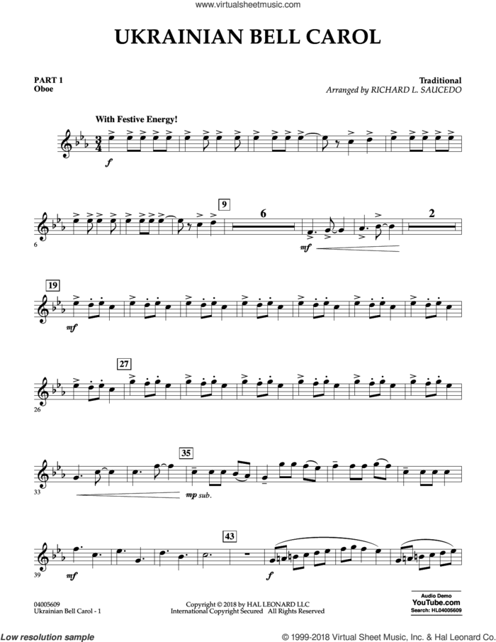 Ukrainian Bell Carol sheet music for concert band (pt.1 - oboe) by Richard L. Saucedo, intermediate skill level