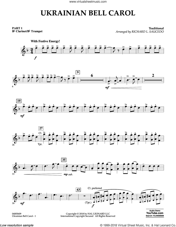 Ukrainian Bell Carol sheet music for concert band (Bb clarinet/bb trumpet) by Richard L. Saucedo, intermediate skill level