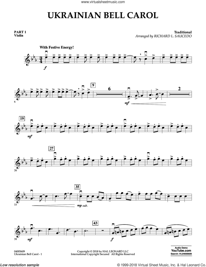 Ukrainian Bell Carol sheet music for concert band (pt.1 - violin) by Richard L. Saucedo, intermediate skill level