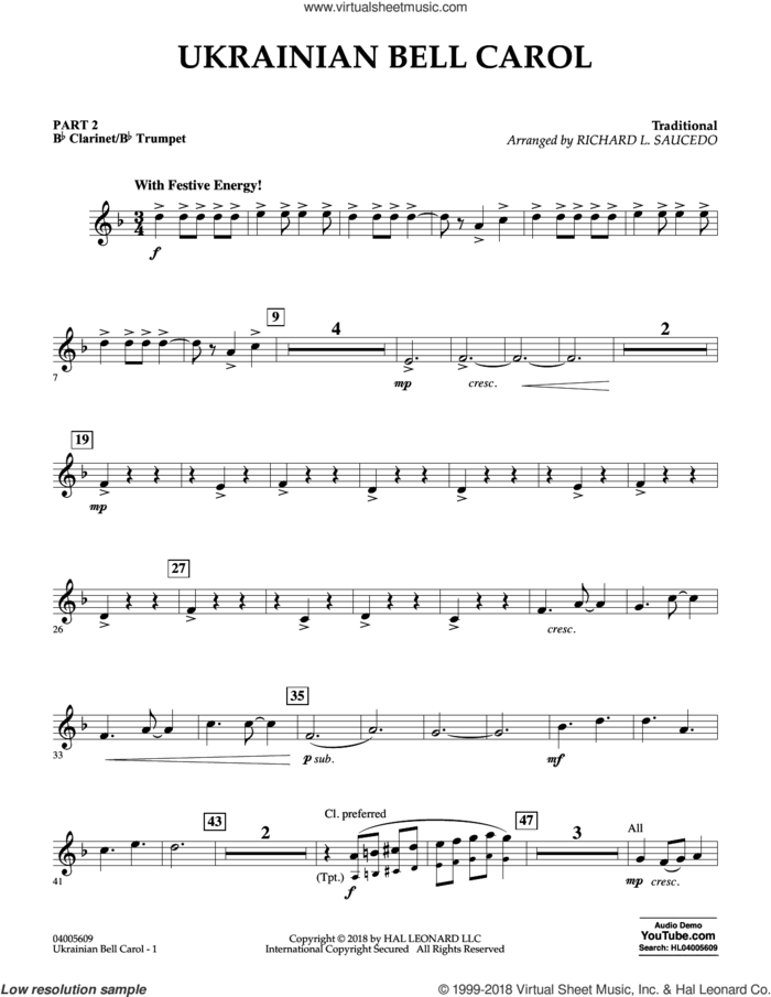 Ukrainian Bell Carol sheet music for concert band (Bb clarinet/bb trumpet) by Richard L. Saucedo, intermediate skill level