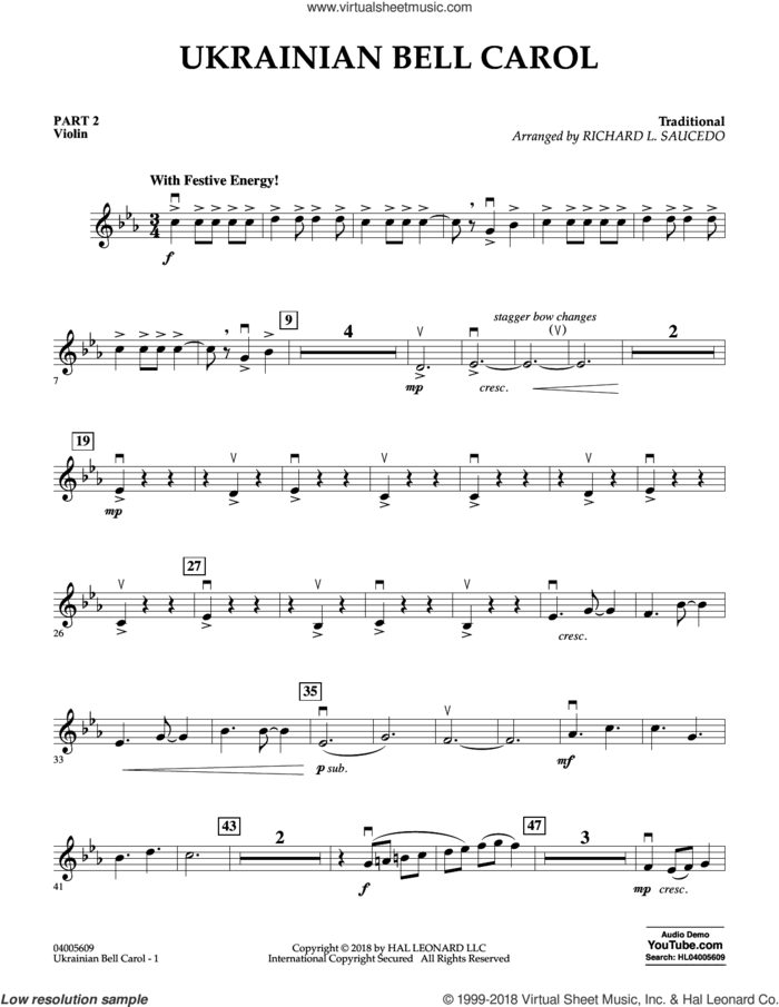 Ukrainian Bell Carol sheet music for concert band (pt.2 - violin) by Richard L. Saucedo, intermediate skill level