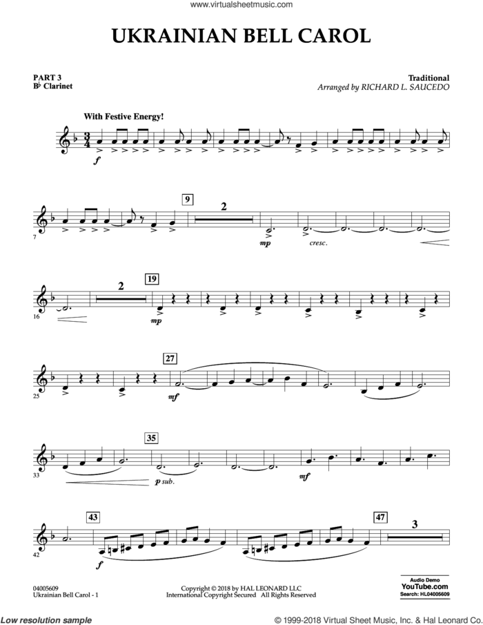 Ukrainian Bell Carol sheet music for concert band (pt.3 - Bb clarinet) by Richard L. Saucedo, intermediate skill level