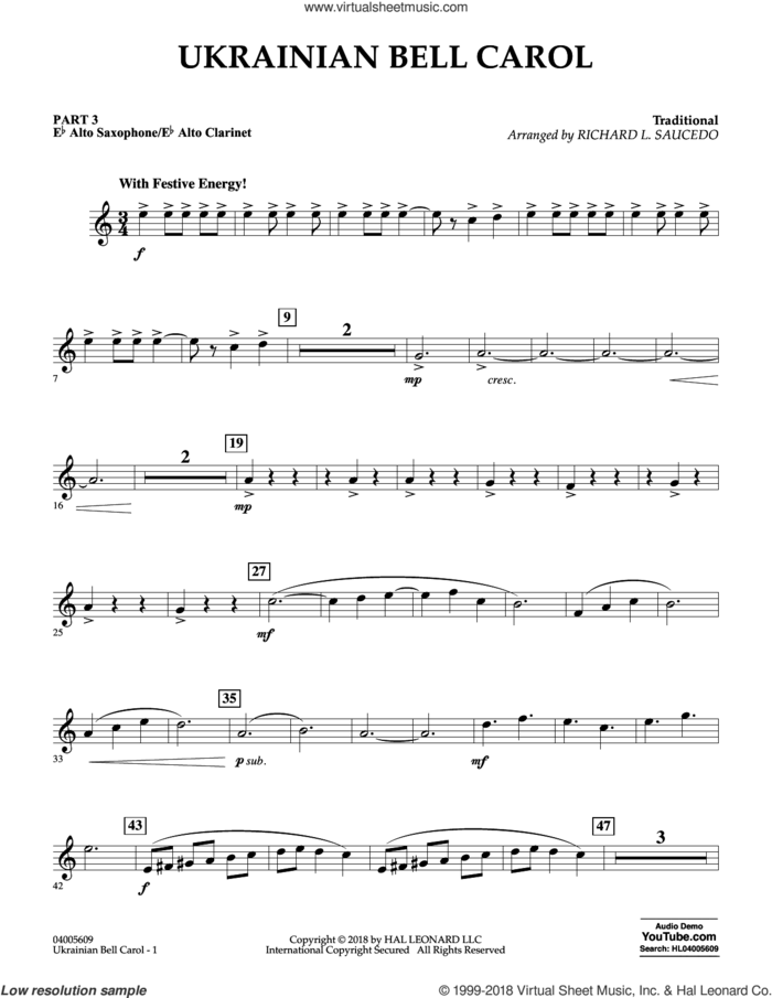Ukrainian Bell Carol sheet music for concert band (Eb alto sax/alto clar.) by Richard L. Saucedo, intermediate skill level