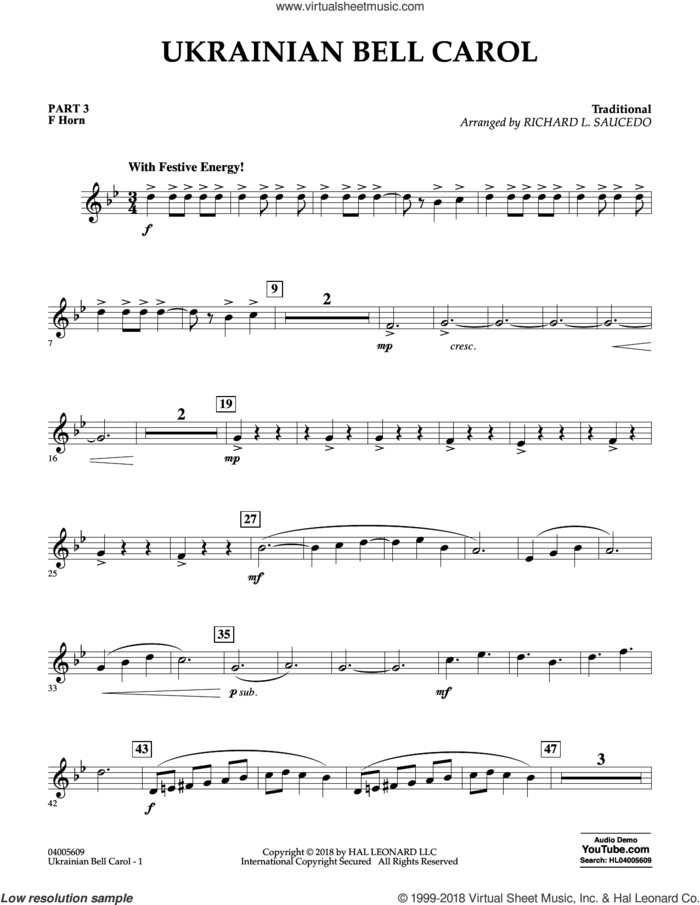 Ukrainian Bell Carol sheet music for concert band (pt.3 - f horn) by Richard L. Saucedo, intermediate skill level