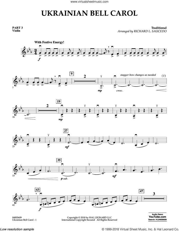 Ukrainian Bell Carol sheet music for concert band (pt.3 - violin) by Richard L. Saucedo, intermediate skill level
