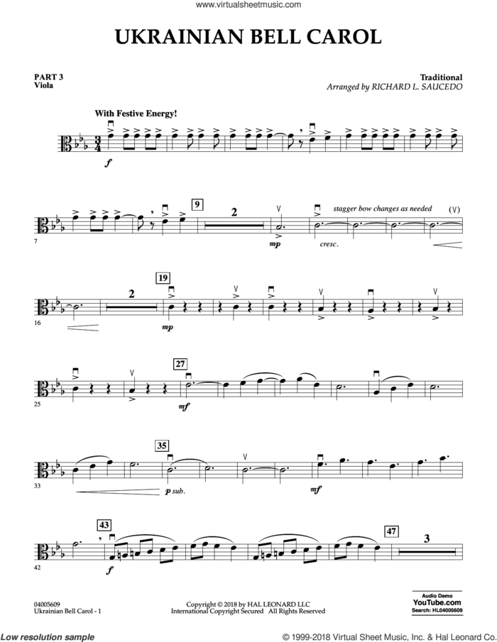 Ukrainian Bell Carol sheet music for concert band (pt.3 - viola) by Richard L. Saucedo, intermediate skill level