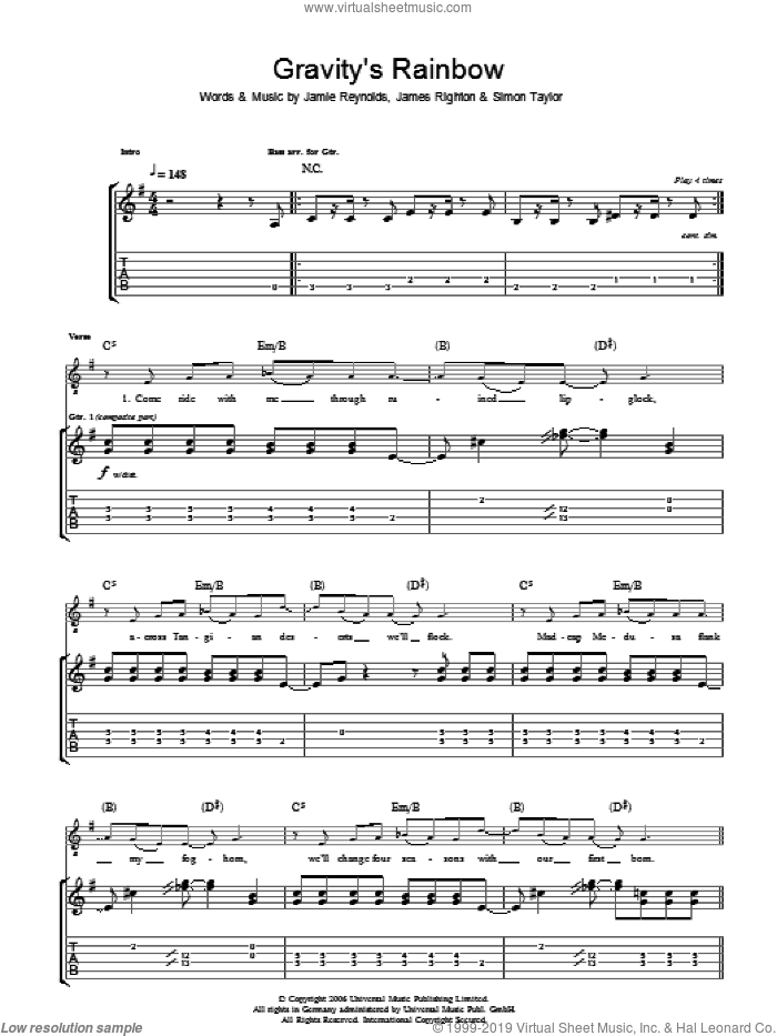 Gravity's Rainbow sheet music for guitar (tablature) by Klaxons, James Righton, Jamie Reynolds and Simon Taylor, intermediate skill level
