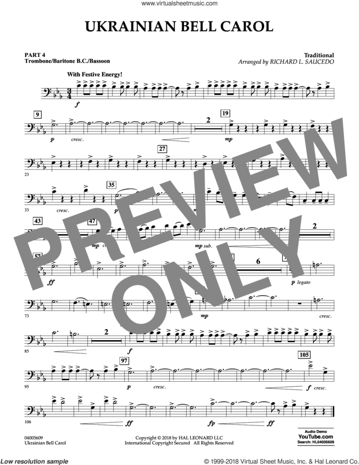 Ukrainian Bell Carol sheet music for concert band (trombone/bar. b.c./bsn.) by Richard L. Saucedo, intermediate skill level