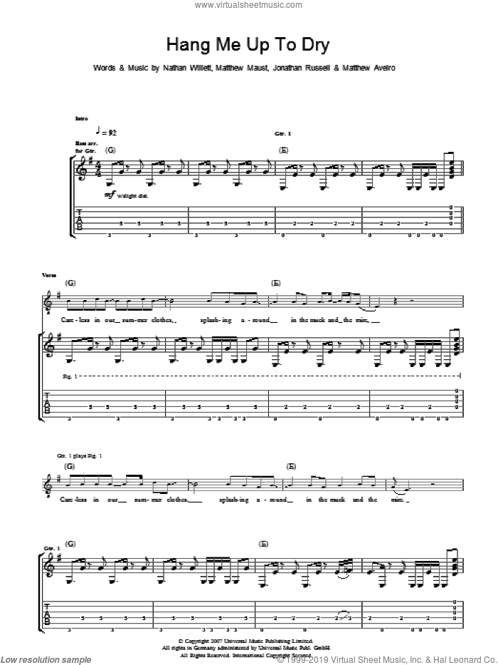 Hang Me Up To Dry sheet music for guitar (tablature) by Cold War Kids, Jonathan Russell, Matthew Aveiro, Matthew Maust and Nathan Willett, intermediate skill level