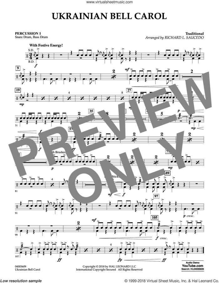 Ukrainian Bell Carol sheet music for concert band (percussion 1) by Richard L. Saucedo, intermediate skill level