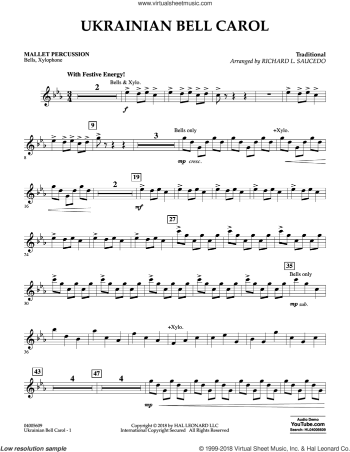 Ukrainian Bell Carol sheet music for concert band (mallet percussion) by Richard L. Saucedo, intermediate skill level