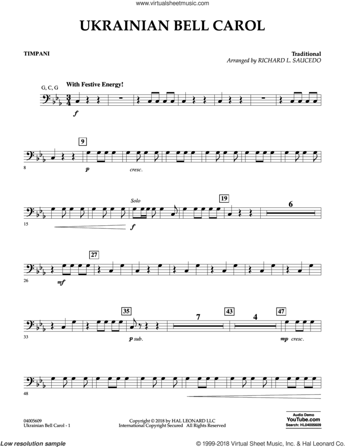 Ukrainian Bell Carol sheet music for concert band (timpani) by Richard L. Saucedo, intermediate skill level