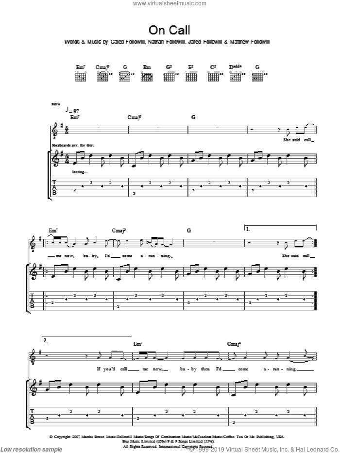 On Call sheet music for guitar (tablature) by Kings Of Leon, Caleb Followill, Jared Followill, Matthew Followill and Nathan Followill, intermediate skill level