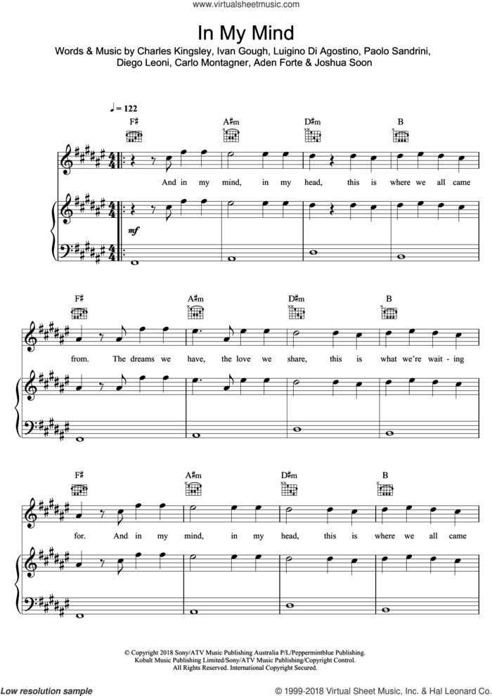 In My Mind sheet music for voice, piano or guitar by Dynoro, Aden Forte, Carlo Montagner, Charles Kingsley, Diego Leoni, Ivan Gough, Joshua Soon, Luigino Di Agostino and Paolo Sandrini, intermediate skill level
