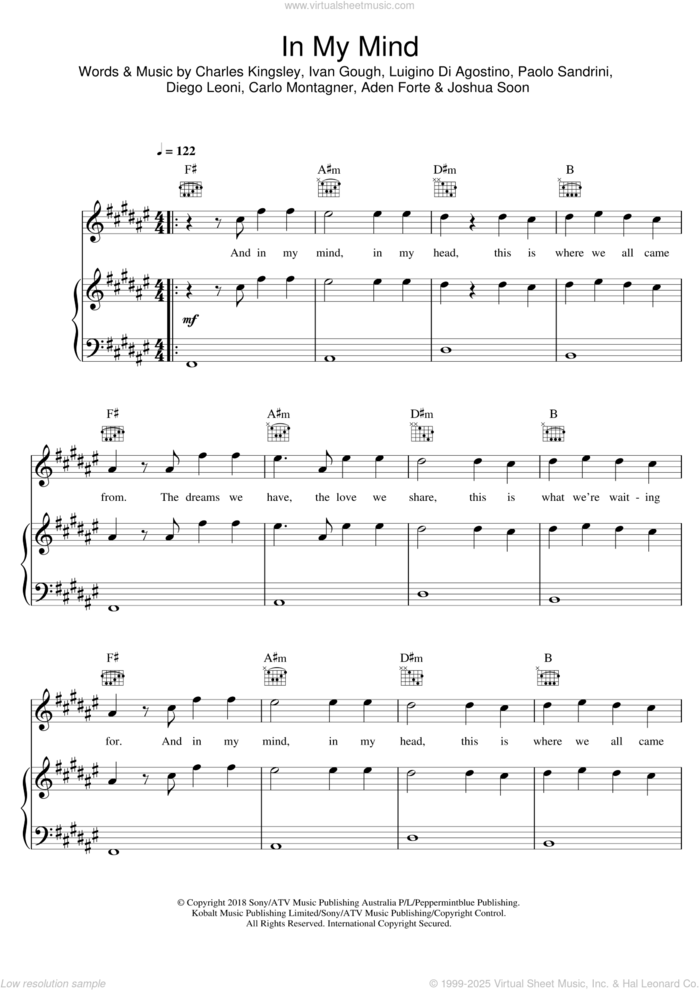 In My Mind sheet music for voice, piano or guitar by Dynoro, Aden Forte, Carlo Montagner, Charles Kingsley, Diego Leoni, Ivan Gough, Joshua Soon, Luigino Di Agostino and Paolo Sandrini, intermediate skill level