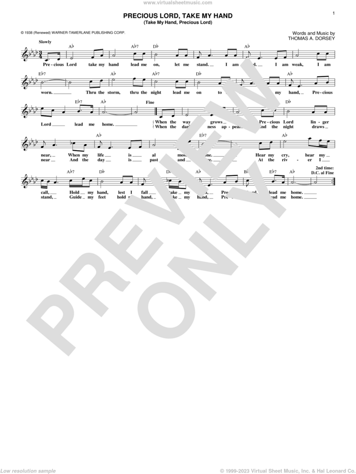 Precious Lord, Take My Hand (Take My Hand, Precious Lord) sheet music for voice and other instruments (fake book) by Tommy Dorsey, Aretha Franklin and Elvis Presley, intermediate skill level