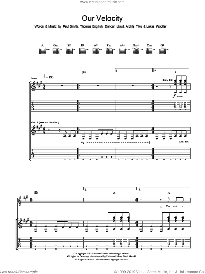 Our Velocity sheet music for guitar (tablature) by Maximo Park, Archis Tiku, Duncan Lloyd, Lukas Wooller, Paul Smith and Thomas English, intermediate skill level