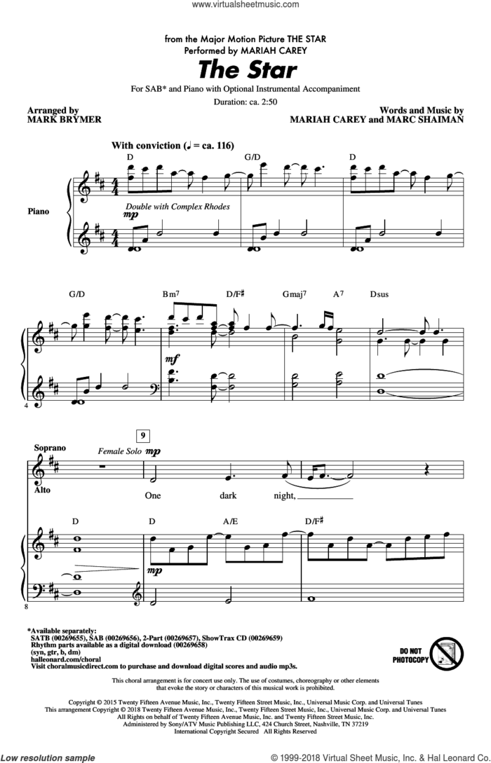 The Star (arr. Mark Brymer) sheet music for choir (SAB: soprano, alto, bass) by Mariah Carey, Mark Brymer and Mark Shaiman, intermediate skill level