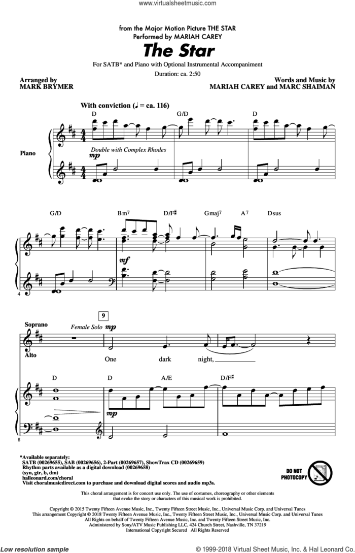 The Star (arr. Mark Brymer) sheet music for choir (SATB: soprano, alto, tenor, bass) by Mariah Carey, Mark Brymer and Mark Shaiman, intermediate skill level