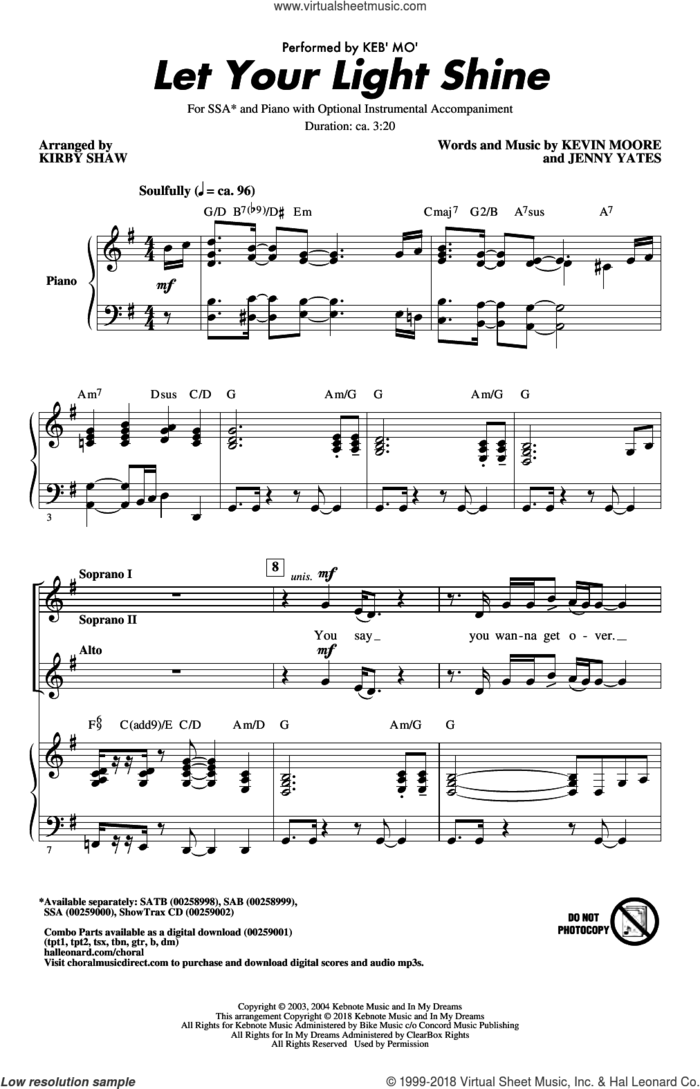 Let Your Light Shine (arr. Kirby Shaw) sheet music for choir (SSA: soprano, alto) by Keb' Mo', Kirby Shaw, Jenny Yates and Kevin Moore, intermediate skill level