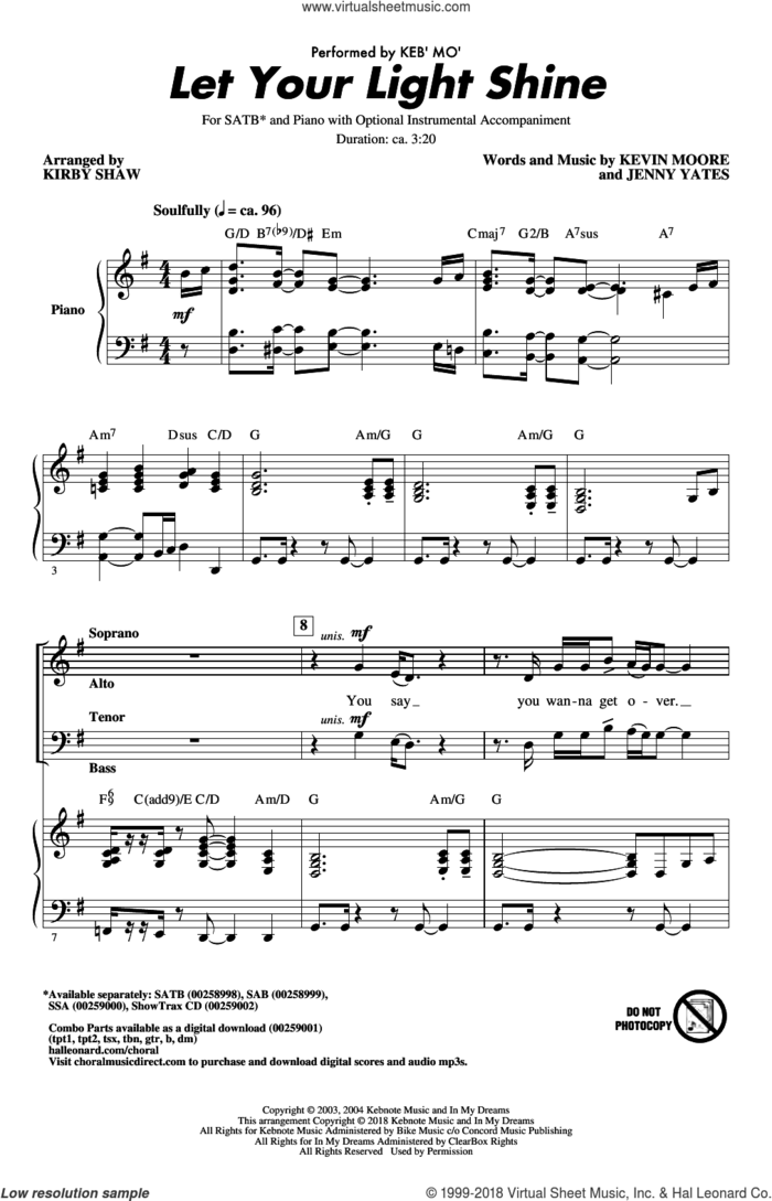 Let Your Light Shine (arr. Kirby Shaw) sheet music for choir (SATB: soprano, alto, tenor, bass) by Keb' Mo', Kirby Shaw, Jenny Yates and Kevin Moore, intermediate skill level