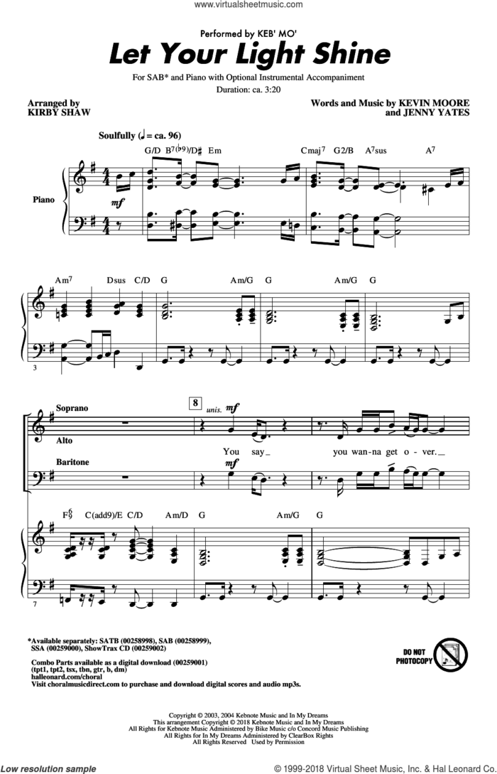 Let Your Light Shine (arr. Kirby Shaw) sheet music for choir (SAB: soprano, alto, bass) by Keb' Mo', Kirby Shaw, Jenny Yates and Kevin Moore, intermediate skill level