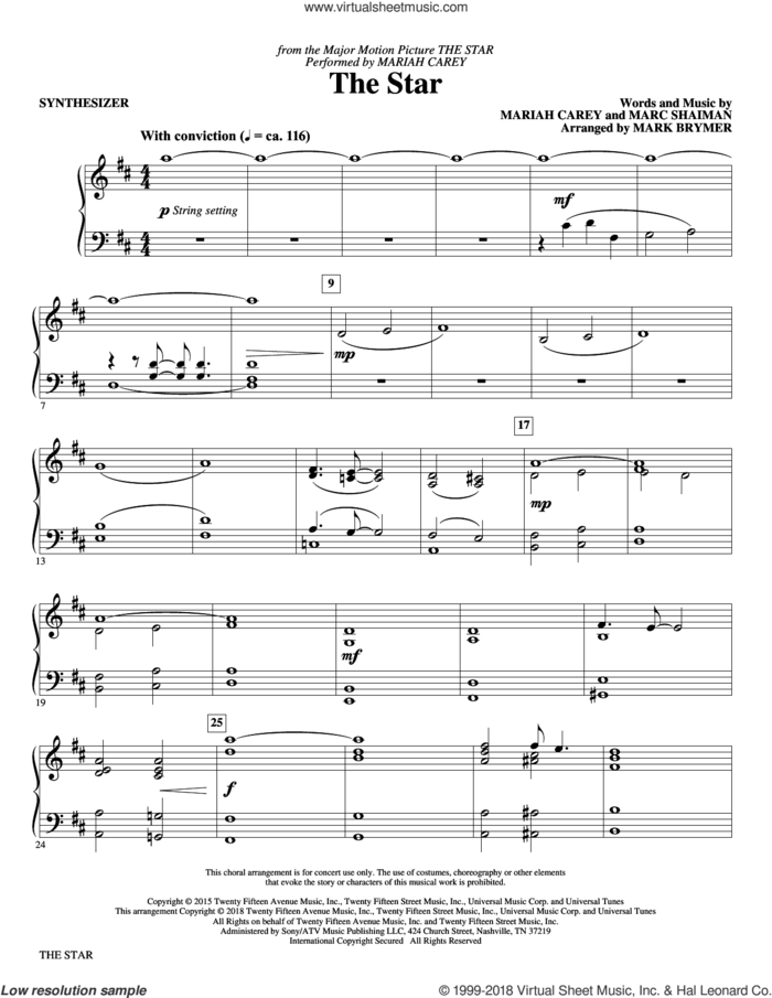 The Star (arr. Mark Brymer) sheet music for orchestra/band (synthesizer) by Mariah Carey, Mark Brymer and Mark Shaiman, intermediate skill level