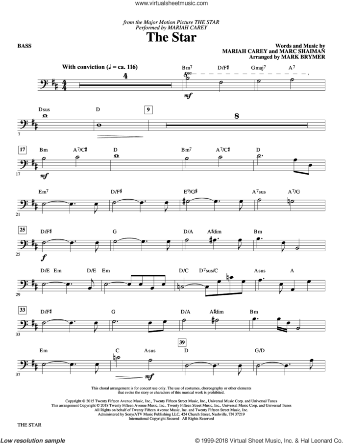 The Star (arr. Mark Brymer) sheet music for orchestra/band (bass) by Mariah Carey, Mark Brymer and Mark Shaiman, intermediate skill level
