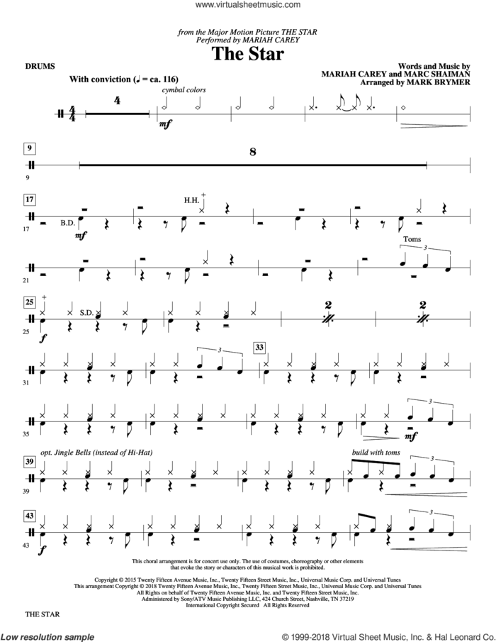 The Star (arr. Mark Brymer) sheet music for orchestra/band (drums) by Mariah Carey, Mark Brymer and Mark Shaiman, intermediate skill level