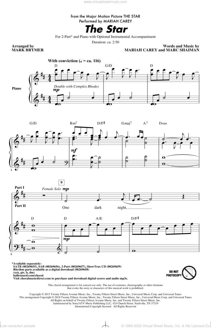 The Star (arr. Mark Brymer) sheet music for choir (2-Part) by Mariah Carey, Mark Brymer and Mark Shaiman, intermediate duet