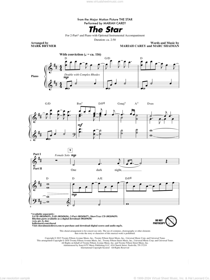 The Star (arr. Mark Brymer) sheet music for choir (2-Part) by Mariah Carey, Mark Brymer and Mark Shaiman, intermediate duet