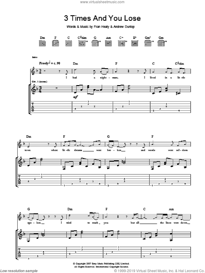 3 Times And You Lose sheet music for guitar (tablature) by Merle Travis, Andrew Dunlop and Fran Healy, intermediate skill level
