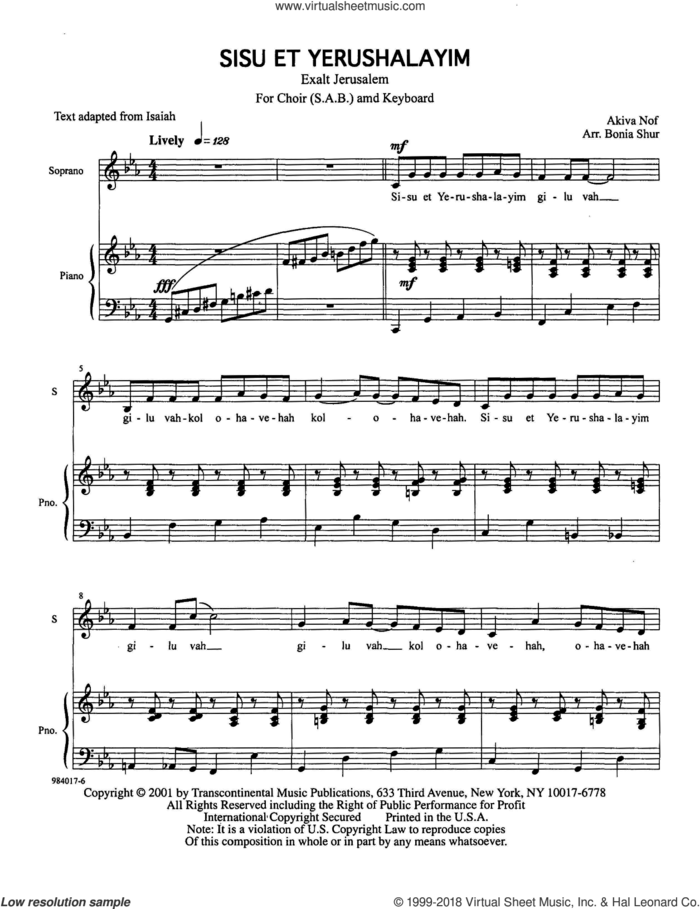 Sisu Et Yerushalayim (Exalt Jerusalem) sheet music for choir (SAB: soprano, alto, bass) by Akiva Nof and Bonia Shur, intermediate skill level